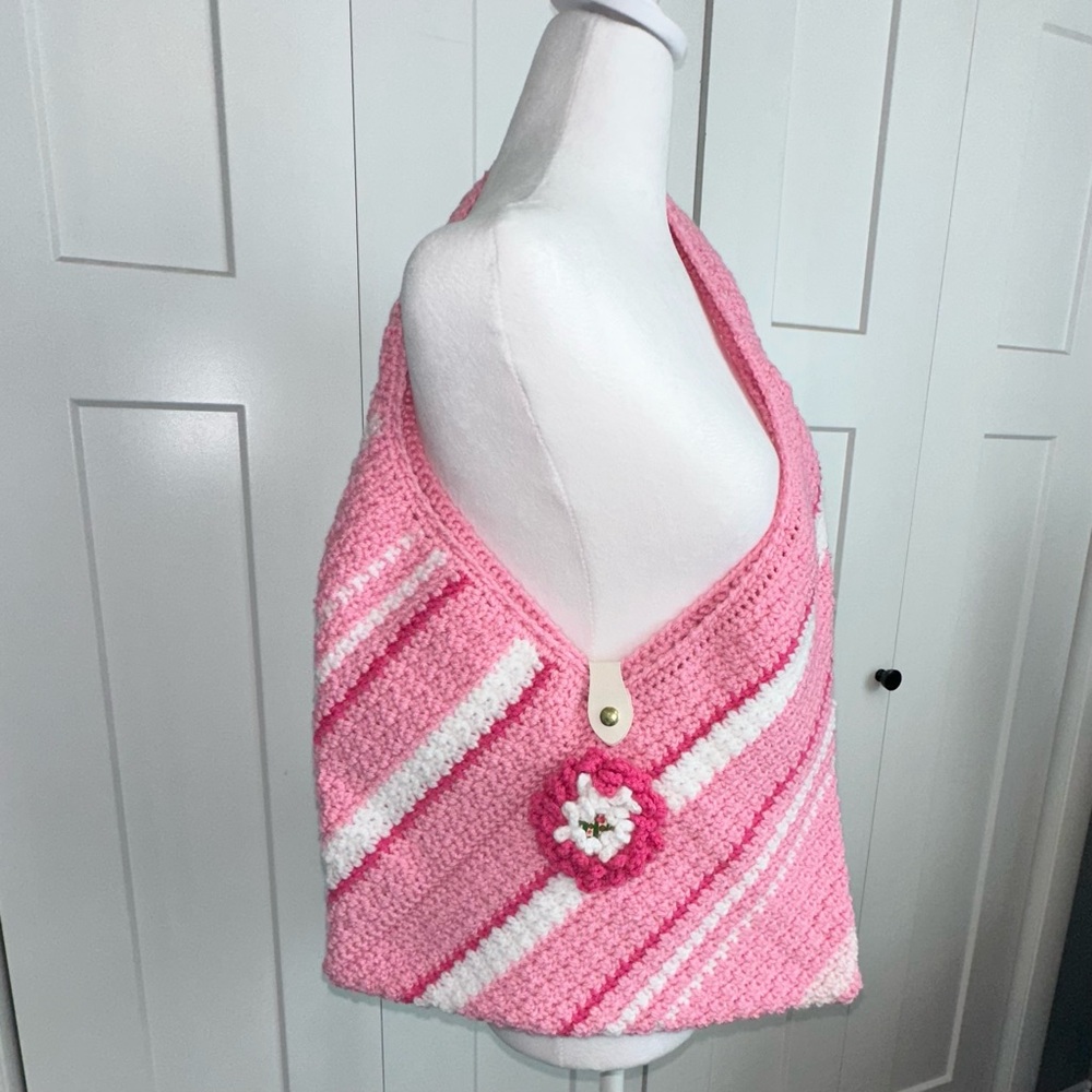 Handmade Pink and White Crochet Shoulder Bag with Faux Leather Snap Closure